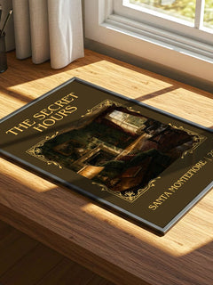 The Secret Hours Classic Book Art Print by Santa Montefiore – print on a sunlit desk