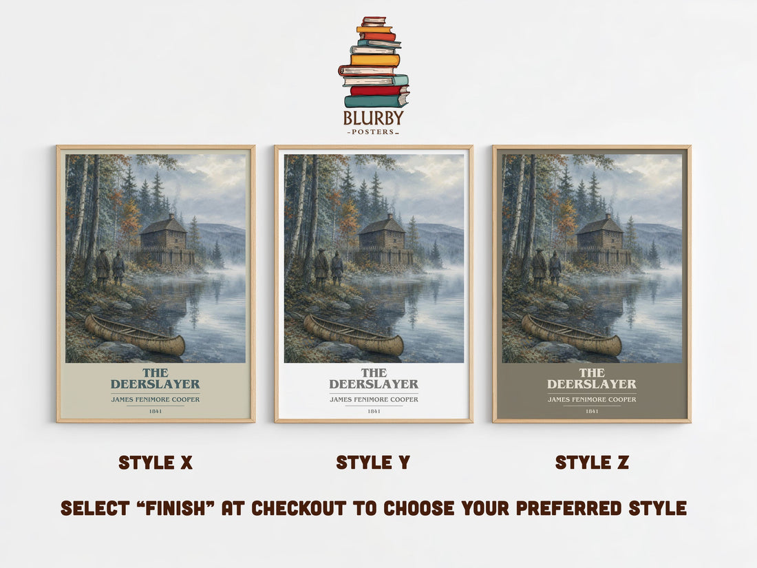 The Deerslayer book cover print in frame leaning in hallway – adventure wall art (mockup)
