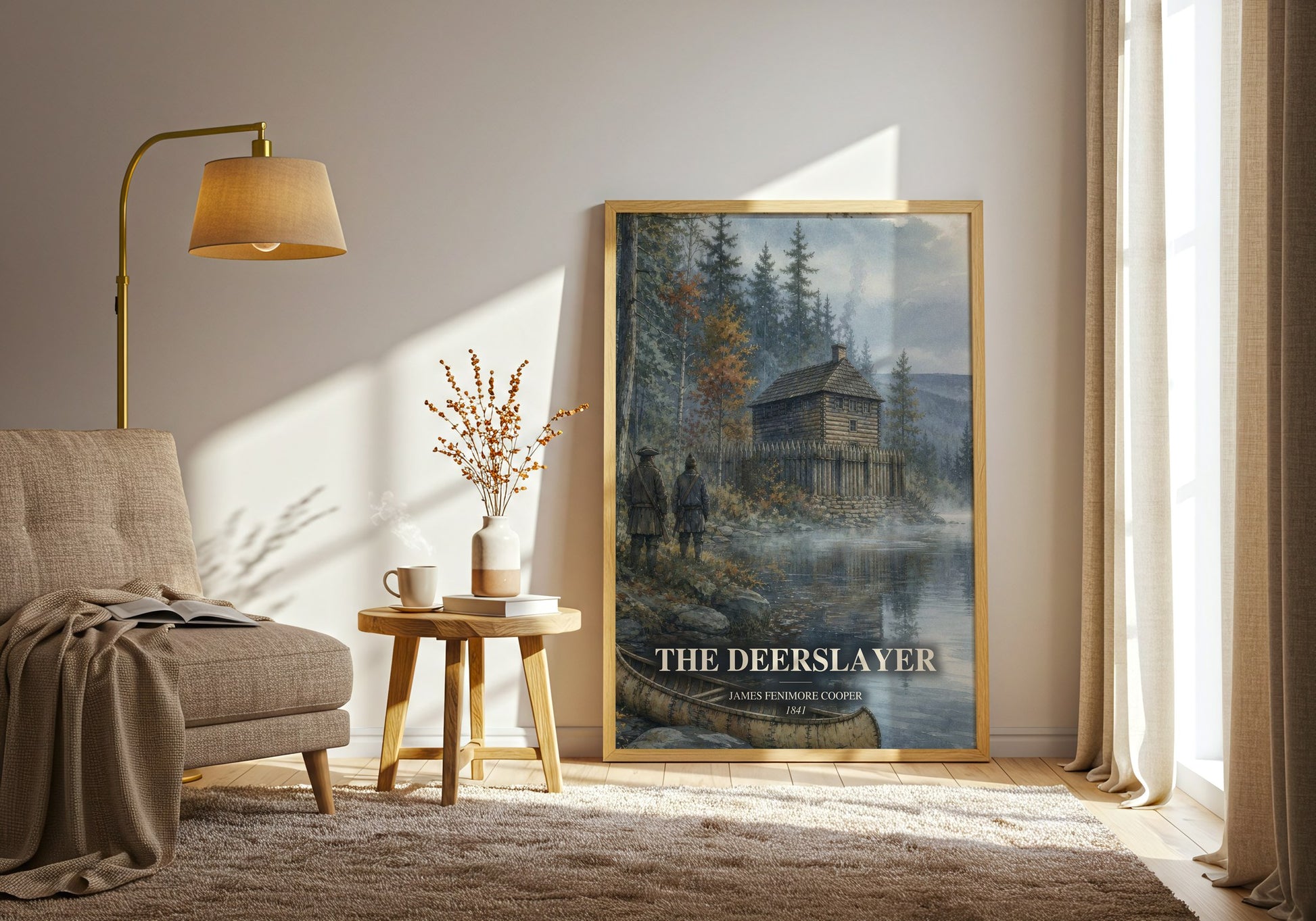 The Deerslayer watercolour print in frame leaning in hallway – adventure wall art