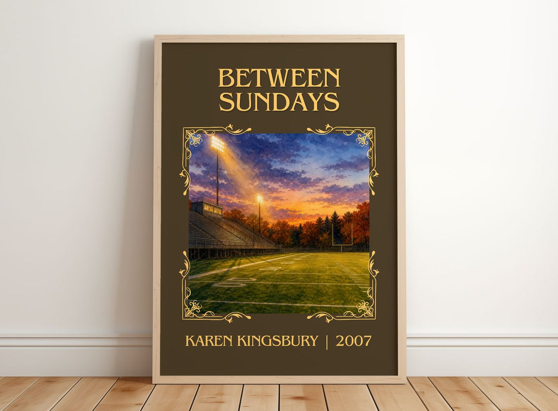 Between Sundays Classic Book Art Print by Karen Kingsbury – framed print leaning on a wooden floor