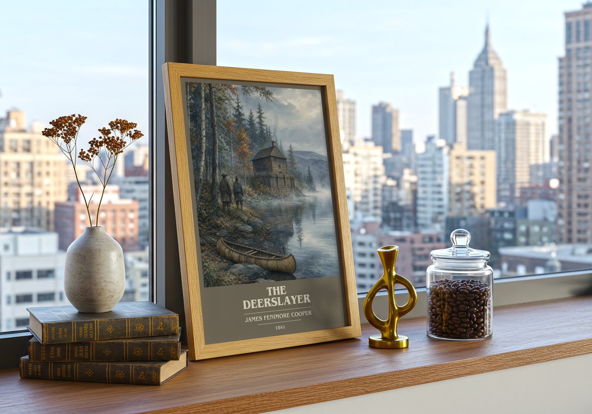 The Deerslayer book cover print framed by window – literary home decor