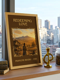 Redeeming Love Classic Book Art Print by Francine Rivers – framed print on a city-view windowsill