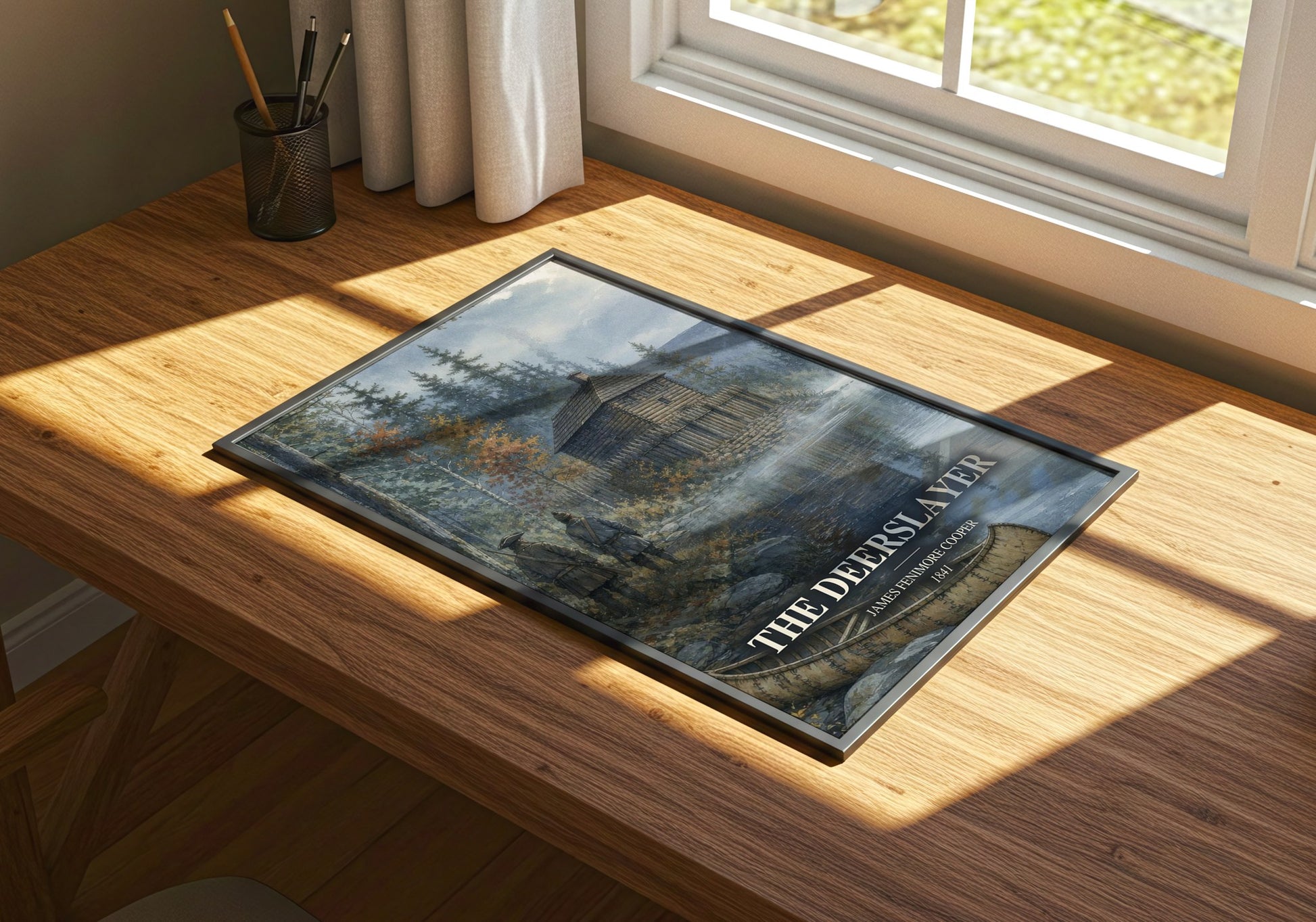 The Deerslayer watercolour book poster framed on wall – adventure wall art