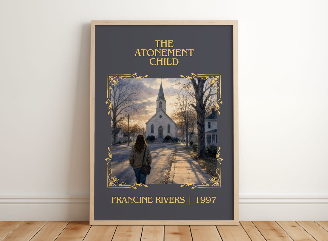 The Atonement Child Classic Book Art Print by Francine Rivers – framed print leaning on a wooden floor