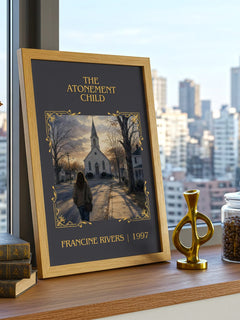 The Atonement Child Classic Book Art Print by Francine Rivers – framed print on a city-view windowsill