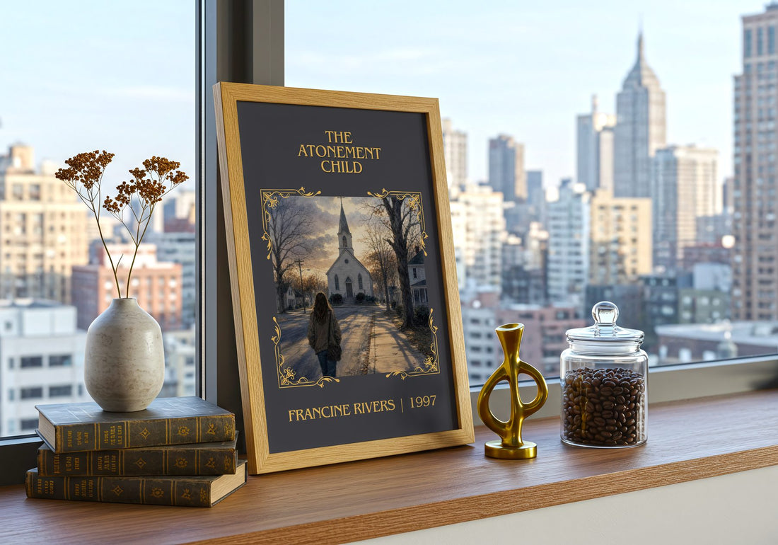 The Atonement Child Classic Book Art Print by Francine Rivers – framed print on a city-view windowsill