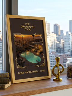 The Drowning Pool Classic Book Art Print by Ross Macdonald – framed print on a city-view windowsill