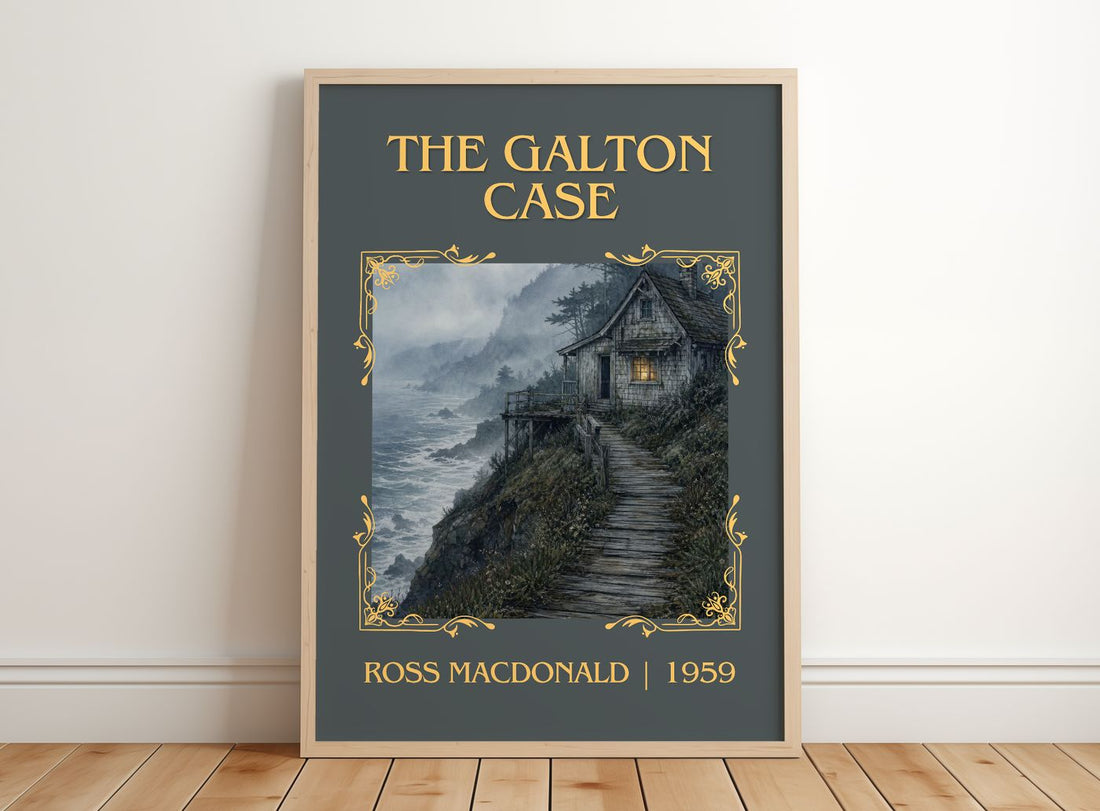 The Galton Case Classic Book Art Print by Ross Macdonald – framed print leaning on a wooden floor