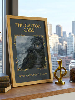 The Galton Case Classic Book Art Print by Ross Macdonald – framed print on a city-view windowsill