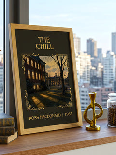 The Chill Classic Book Art Print by Ross Macdonald – framed print on a city-view windowsill