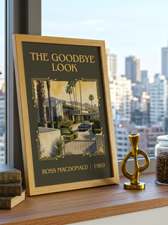 The Goodbye Look Classic Book Art Print by Ross Macdonald – framed print on a city-view windowsill