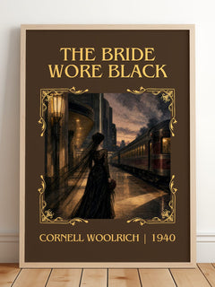 The Bride Wore Black Classic Book Art Print by Cornell Woolrich – framed print leaning on a wooden floor