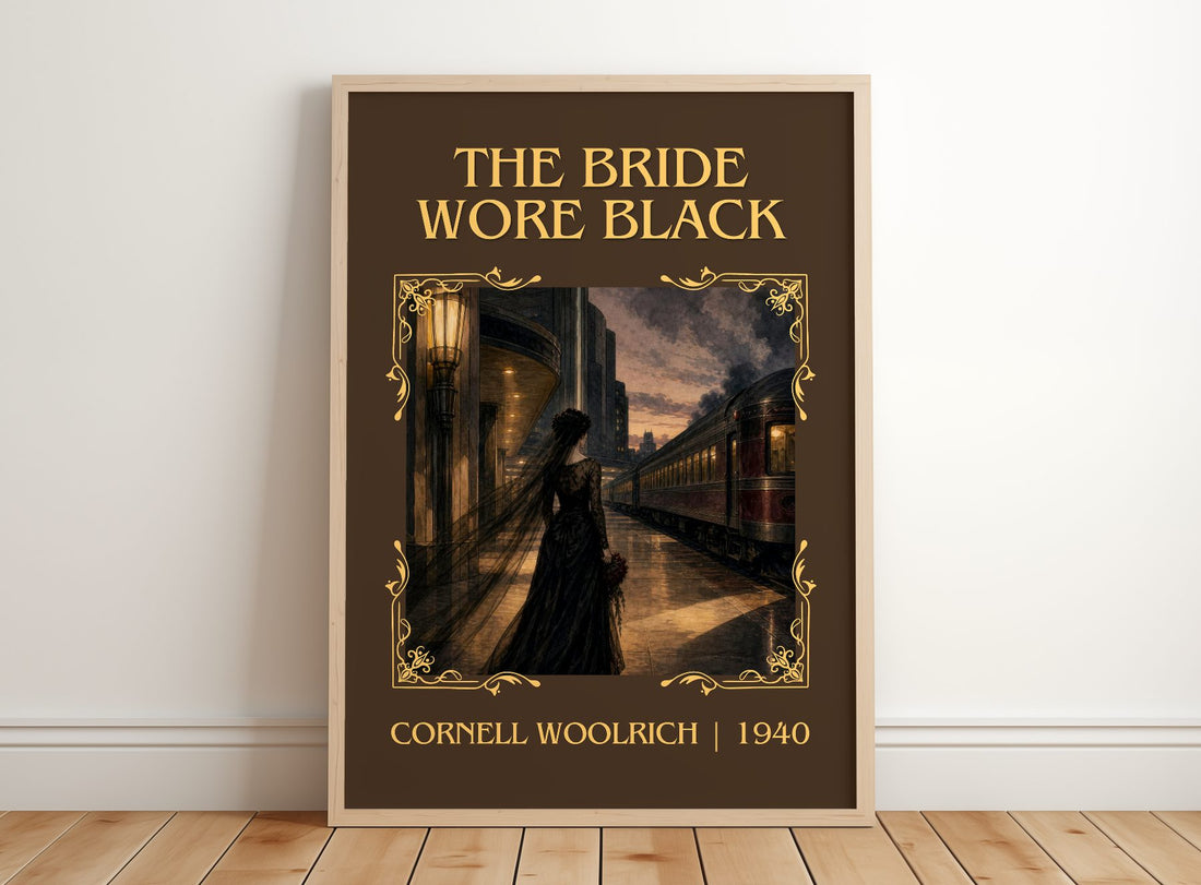 The Bride Wore Black Classic Book Art Print by Cornell Woolrich – framed print leaning on a wooden floor