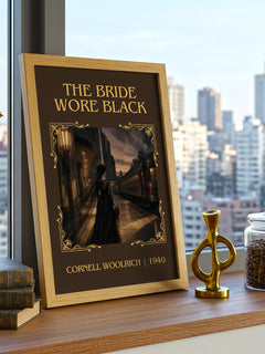 The Bride Wore Black Classic Book Art Print by Cornell Woolrich – framed print on a city-view windowsill