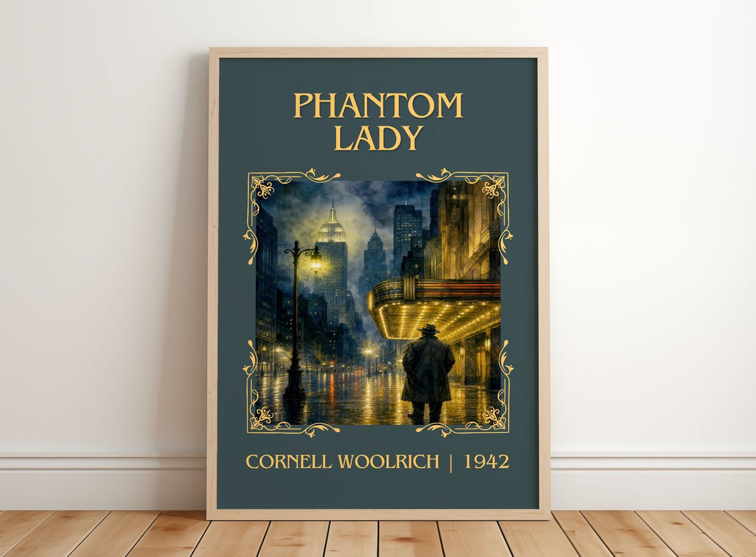 Phantom Lady Classic Book Art Print by Cornell Woolrich – framed print leaning on a wooden floor