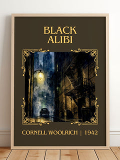 Black Alibi Classic Book Art Print by Cornell Woolrich – framed print leaning on a wooden floor
