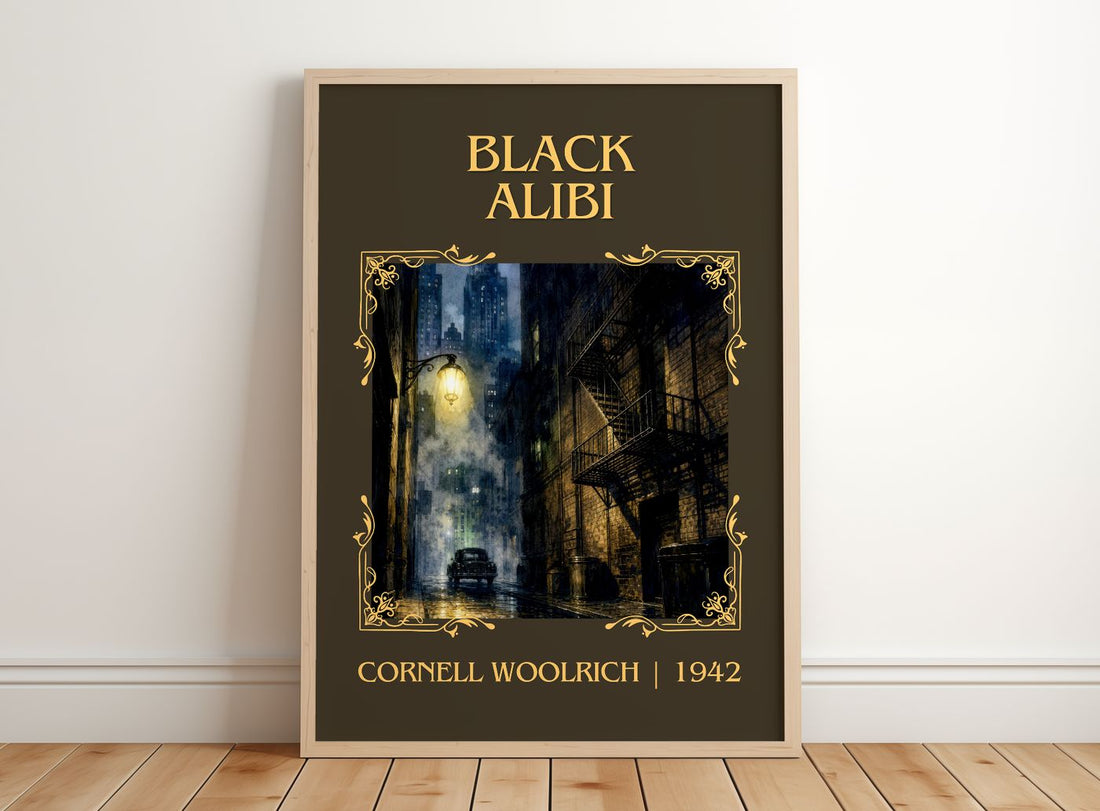 Black Alibi Classic Book Art Print by Cornell Woolrich – framed print leaning on a wooden floor