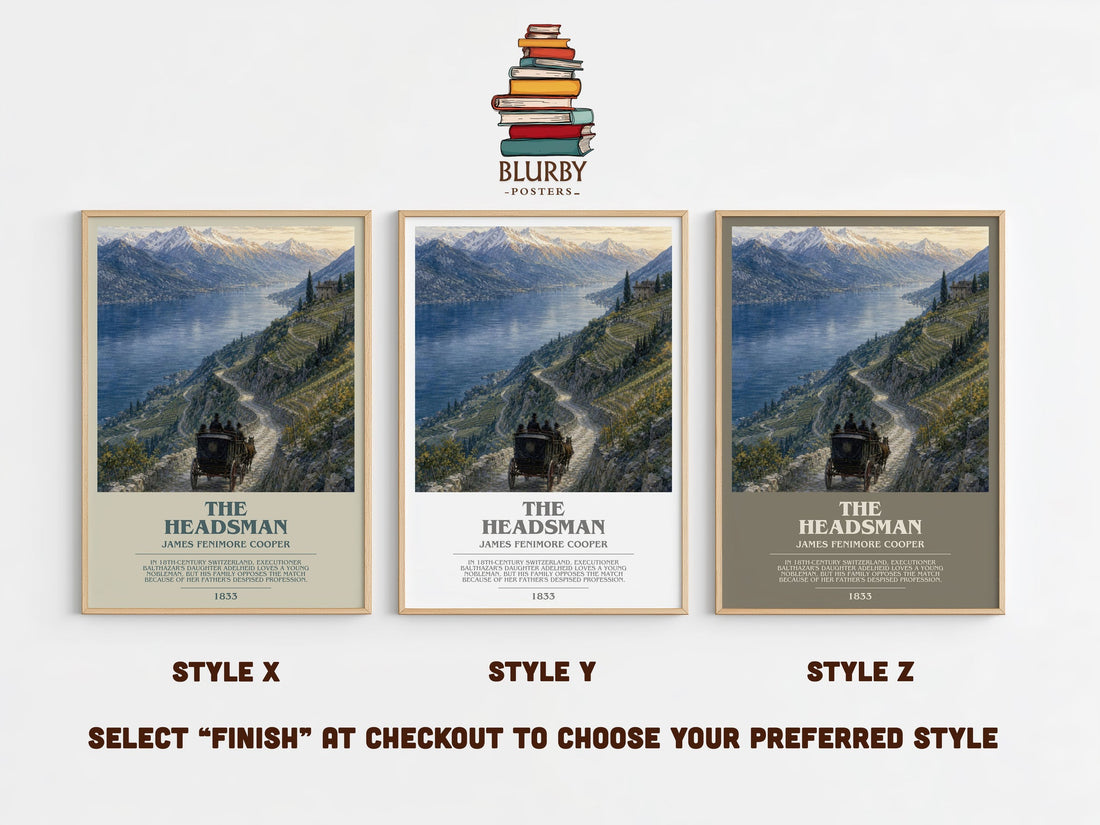 The Headsman bookish print in frame leaning in hallway – historical fiction wall art (mockup)