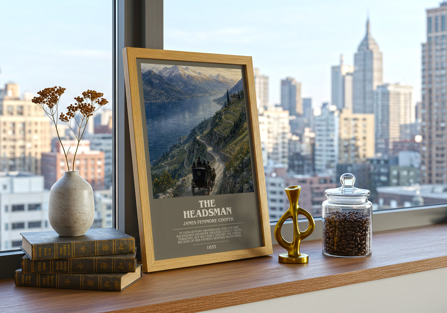 The Headsman bookish print framed by window – literary home decor