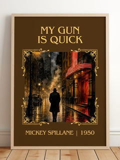 My Gun Is Quick Classic Book Art Print by Mickey Spillane – framed print leaning on a wooden floor