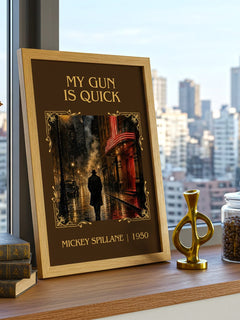 My Gun Is Quick Classic Book Art Print by Mickey Spillane – framed print on a city-view windowsill