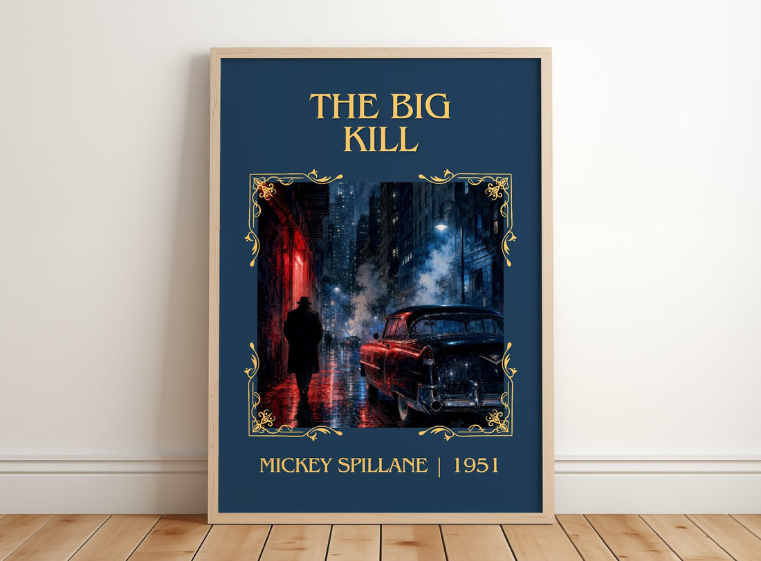 The Big Kill Classic Book Art Print by Mickey Spillane – framed print leaning on a wooden floor