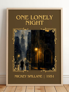 One Lonely Night Classic Book Art Print by Mickey Spillane – framed print leaning on a wooden floor