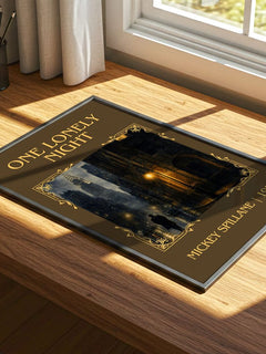 One Lonely Night Classic Book Art Print by Mickey Spillane – print on a sunlit desk