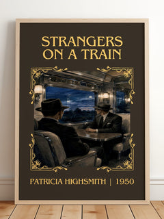 Strangers on a Train Classic Book Art Print by Patricia Highsmith – framed print leaning on a wooden floor