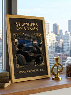 Strangers on a Train Classic Book Art Print by Patricia Highsmith – framed print on a city-view windowsill