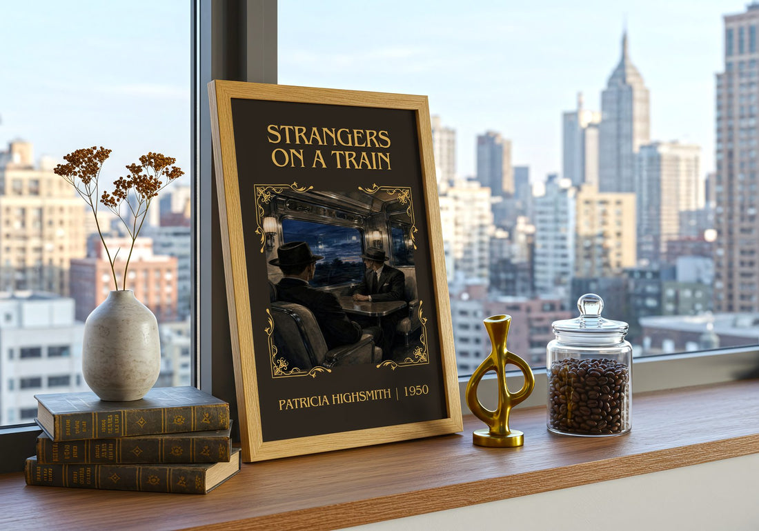 Strangers on a Train Classic Book Art Print by Patricia Highsmith – framed print on a city-view windowsill