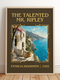 The Talented Mr. Ripley Classic Book Art Print by Patricia Highsmith – framed print leaning on a wooden floor