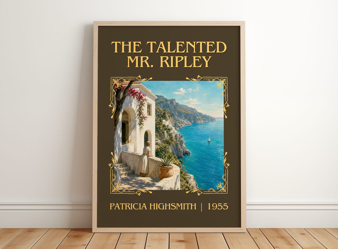 The Talented Mr. Ripley Classic Book Art Print by Patricia Highsmith – framed print leaning on a wooden floor