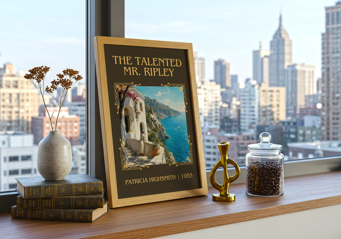 The Talented Mr. Ripley Classic Book Art Print by Patricia Highsmith – framed print on a city-view windowsill