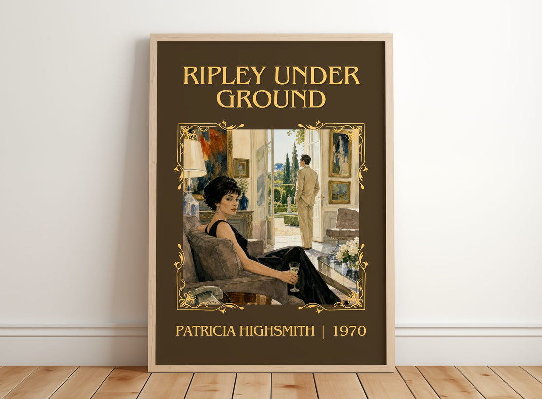 Ripley Under Ground Classic Book Art Print by Patricia Highsmith – framed print leaning on a wooden floor