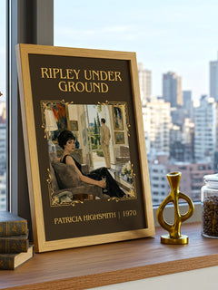 Ripley Under Ground Classic Book Art Print by Patricia Highsmith – framed print on a city-view windowsill