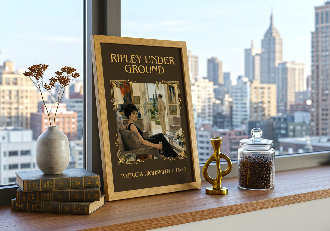 Ripley Under Ground Classic Book Art Print by Patricia Highsmith – framed print on a city-view windowsill