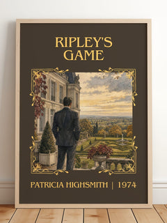 Ripley's Game Classic Book Art Print by Patricia Highsmith – framed print leaning on a wooden floor
