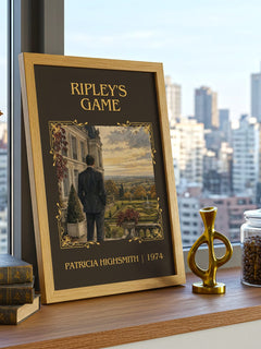 Ripley's Game Classic Book Art Print by Patricia Highsmith – framed print on a city-view windowsill