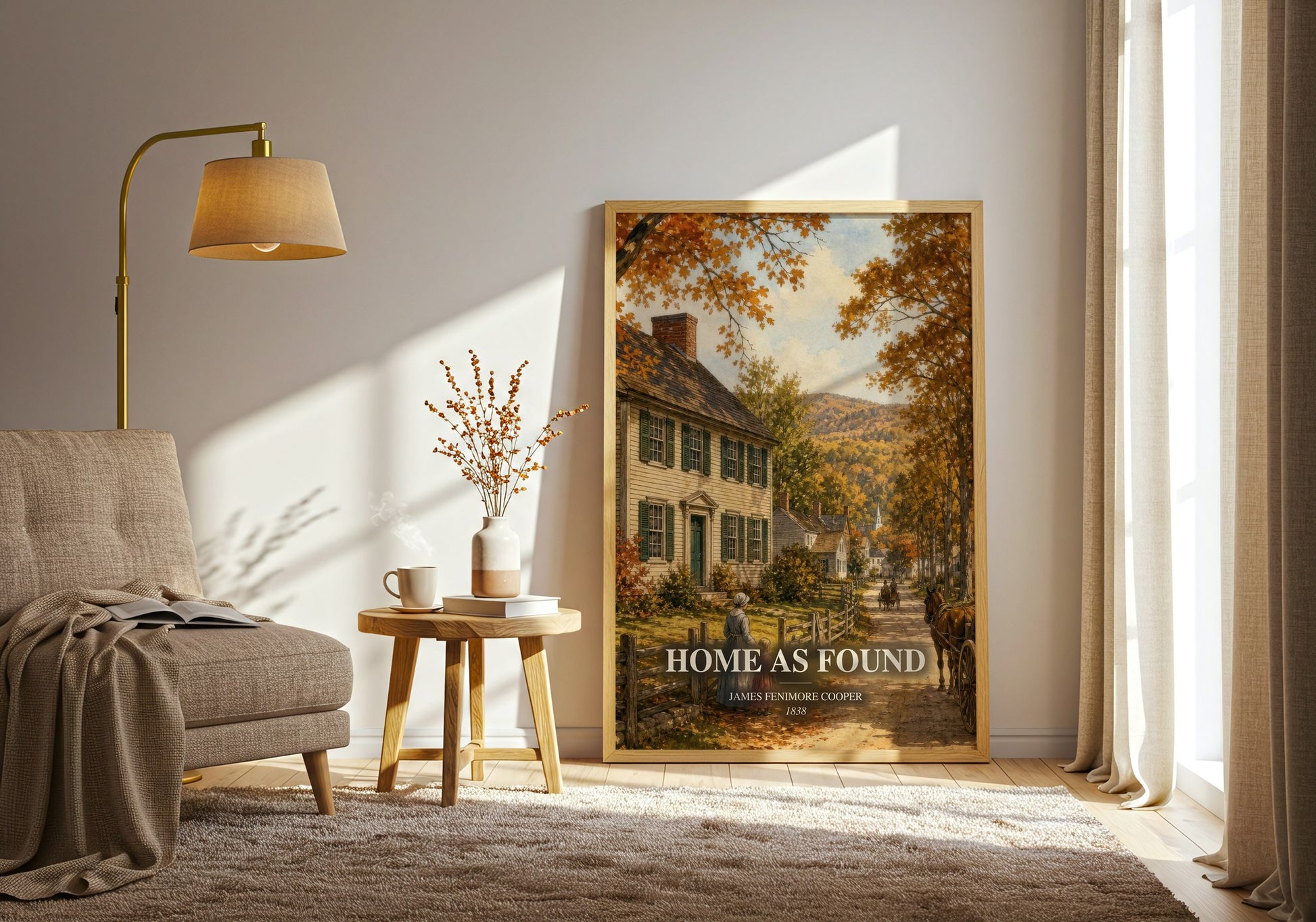 Home As Found watercolour print in frame leaning in hallway – historical fiction wall art