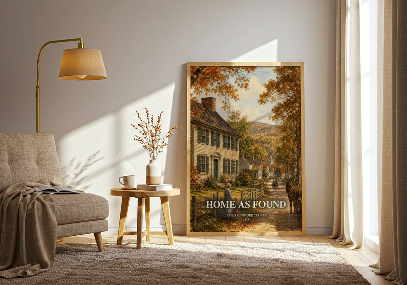 Home As Found watercolour print in frame leaning in hallway – historical fiction wall art