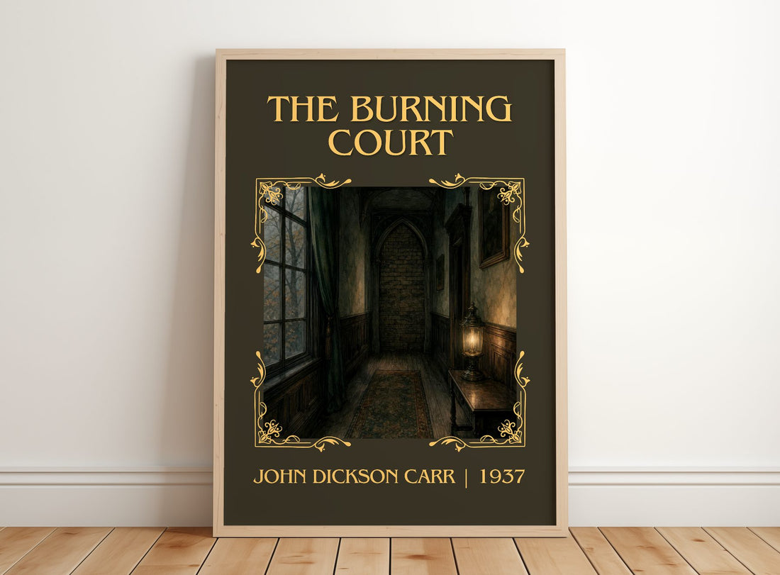 The Burning Court Classic Book Art Print by John Dickson Carr – framed print leaning on a wooden floor