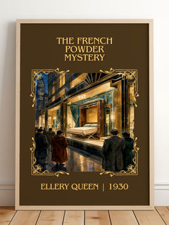 The French Powder Mystery Classic Book Art Print by Ellery Queen – framed print leaning on a wooden floor