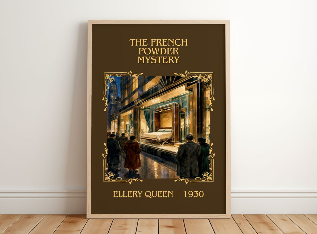 The French Powder Mystery Classic Book Art Print by Ellery Queen – framed print leaning on a wooden floor