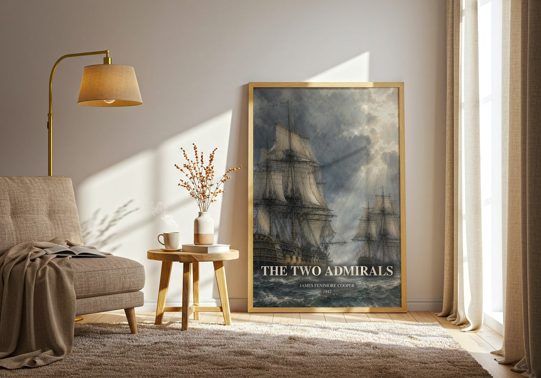 The Two Admirals watercolour print in frame leaning in hallway – historical fiction wall art (mockup)