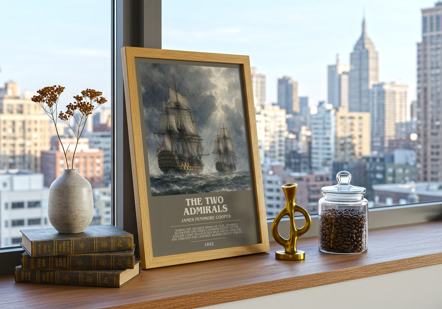 The Two Admirals bookish print framed by window – literary home decor