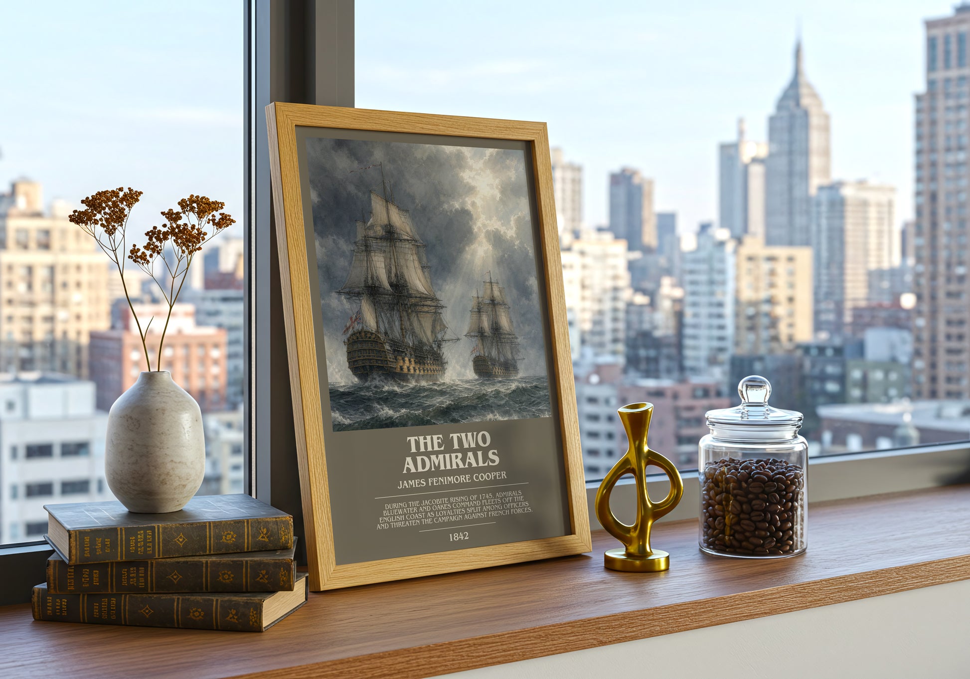 The Two Admirals bookish print framed by window – literary home decor