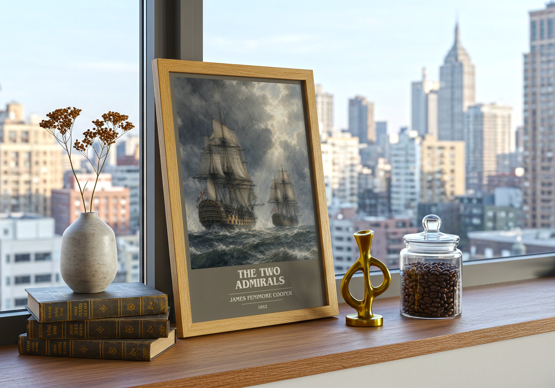 The Two Admirals book cover print framed by window – literary home decor