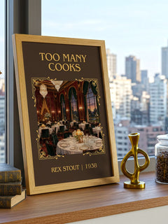 Too Many Cooks Classic Book Art Print by Rex Stout – framed print on a city-view windowsill