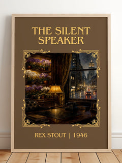 The Silent Speaker Classic Book Art Print by Rex Stout – framed print leaning on a wooden floor